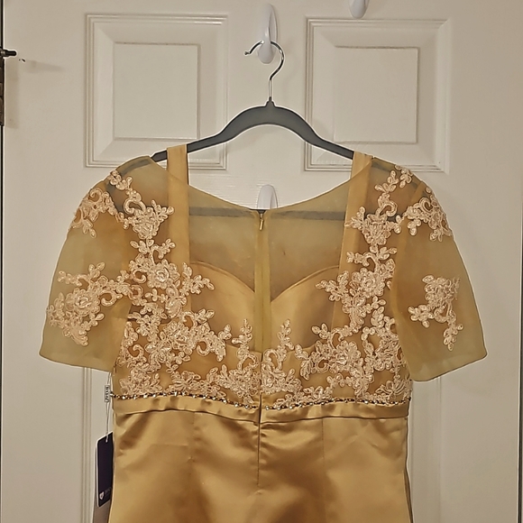 JJs House satin skirt delicate lace-embroidered bodice sheer short sleeves. - Picture 8 of 16